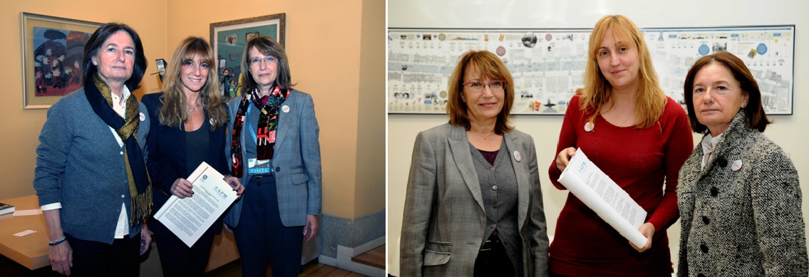 A la izquierda, Marisa Ciriza y Teresa P. Alfageme con Isabel Gallego (centro). En la foto de la derecha, con Elena Sánchez. Fotos: Ayuntamiento de Madrid y Comunidad de Madrid.